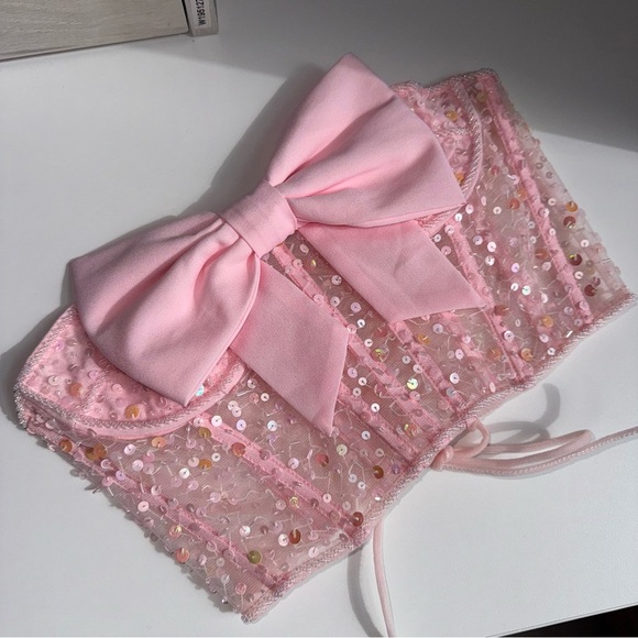 Baby Pink Sequin Tie-Back Bow Corset - Picture 3 of 11